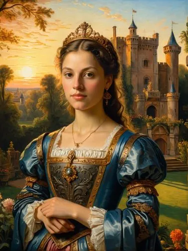 Pittura nello stile di Rembrandt van Rijn: La fiera principessa Barbara Gonzaga di Mantova si trova in un pittoresco giardino. Dietro di lei si trova un modello in miniatura di un fiero castello caval