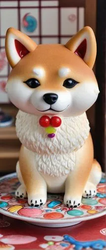 Shiba Inu, Japanese dog breed, sitting, cute expression, fluffy fur, triangular ears, curly tail, white cream cake, decorated with edible image of Shiba Inu, colorful candies, cherry on top, porcelain