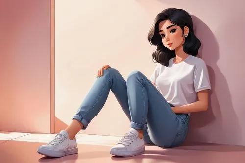 girl sitting,girl drawing,digital painting,girl studying,girl portrait,fashion vector,girl in a long,study,sneakers,girl in t-shirt,converse,holding shoes,worried girl,portrait background,fashion sketch,digital art,digital illustration,kids illustration,pink shoes,vector illustration,Illustration,Japanese style,Japanese Style 07