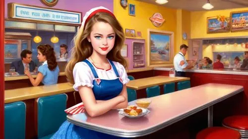 Romantic kitsch masterpiece oil painting, cute waitress girl portrait, 1 girl, classic 1950's style diner, nostalgic retro American vintage scenery, by Thomas Kinkade, high res,retro diner,waitress,ic