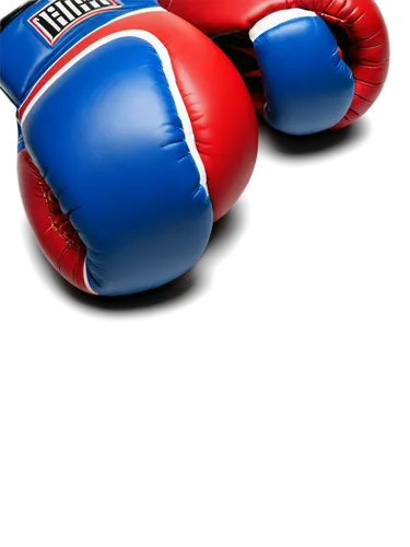 Leather boxing gloves, red and blue color scheme, lace-up closure, padded knuckle area, curved finger design, thumb lock, white stitching, shiny leather texture, metallic buckle, worn and torn details