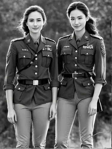 Black and white high resolution drawing: The female soldiers walk side by side and appear relaxed, despite being in a military environment. They exchange warm smiles, showing their close friendship an