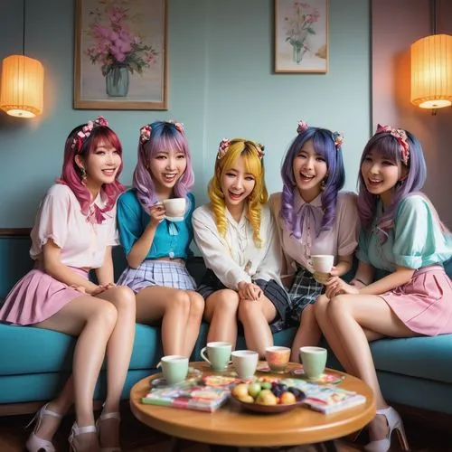 Harem scene, modern Japanese-style room, 5 girls, different personalities, cute facial expressions, colorful hair clips, fashionable clothing, skirts, shorts, blouses, stockings, high heels, sitting o