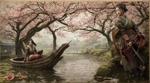  woman children ai summer queen in garden horse wagon lotus pond,the cherry blossoms,cherry trees,oriental painting,plum blossoms,japanese cherry trees,sakura trees,fantasy picture,japanese sakura bac