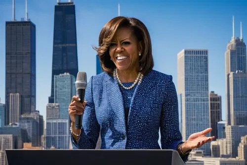 Chicago First Lady, Michelle Obama, mature lady, confident smile, elegant hairstyle, subtle makeup, pearl necklace, tailored suit, high heels, holding microphone, standing, lecturing, Chicago Architec