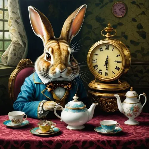 alice in wonderland,tea time,teatime,white rabbit,american snapshot'hare,peter rabbit,Illustration,Realistic Fantasy,Realistic Fantasy 08