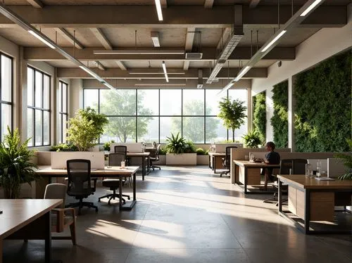 modern office,daylighting,working space,bureaux,forest workplace,offices,creative office,workspaces,boxwoods,conference room,meeting room,greentech,ideacentre,hanging plants,modern decor,blur office background,green plants,study room,staffroom,lunchroom