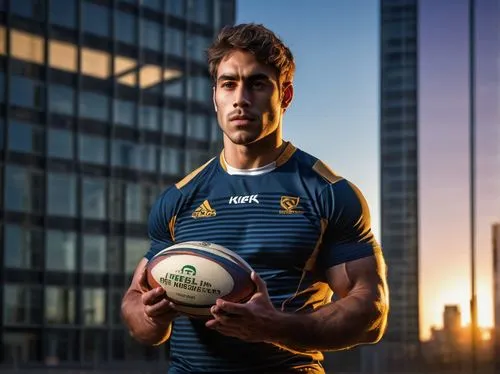 Rugby player, muscular man, strong facial features, short messy hair, no glasses, sporty casual clothing, athletic wear, holding rugby ball, standing in front of modern architectural building, glass a