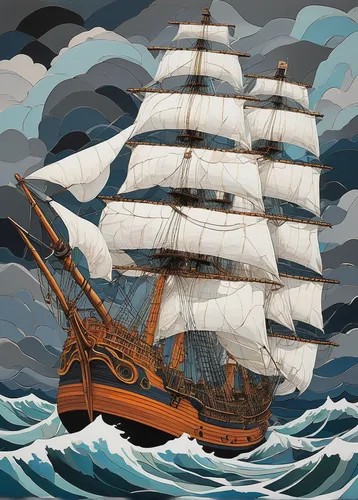 sea sailing ship,full-rigged ship,sail ship,three masted sailing ship,sailing ship,tallship,tall ship,windjammer,sailing vessel,barquentine,galleon ship,east indiaman,three masted,caravel,galleon,sailing ships,swollen sail air,sailer,sloop-of-war,training ship,Illustration,Japanese style,Japanese Style 16