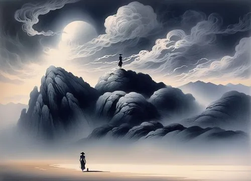 full nude very exotic and misty sky,a man standing on top of a rock next to water,jianfeng,siggeir,hossein,surrealism,fantasy picture,world digital painting,surrealist,skywatchers,man at the sea,fanta