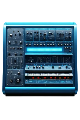 Digital soundboard, futuristic console, neon blue lights, metallic surface, buttons and knobs, wires and circuits, sleek design, high-tech gadget, detailed textures, shallow depth of field, panoramic 