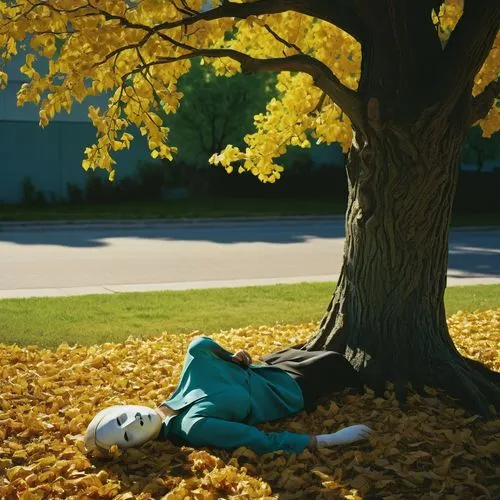 The theater mask falls on the ground and grows from that tree,a doll laying down in the leaves under a tree,girl lying on the grass,falling on leaves,ektachrome,eggleston,fall,girl with tree,in the fa