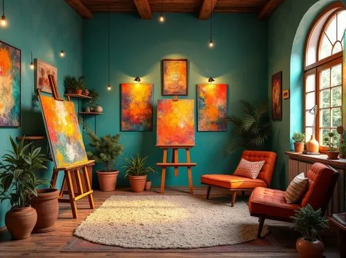 bohemian art,interior decor,art gallery,boho art style,boho art,interior decoration,paintings,sitting room,blue room,gallery,art painting,atelier,meticulous painting,photo painting,home interior,photography studio,interior design,therapy room,mexican painter,children's interior,Photography,General,Realistic