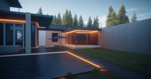 the exterior of a home illuminated by lights,render,3d rendering,modern house,3d render,electrohome,cubic house,renders,rendered,3d rendered,rendering,cryengine,cube house,ambient lights,corten steel,