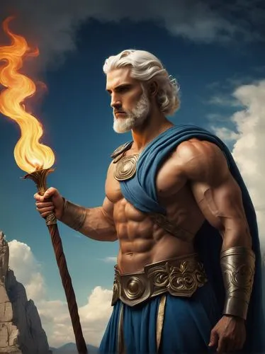 Prometheus, Greek mythology, god of fire, muscular man, strong jawline, short beard, flowing white hair, piercing blue eyes, classical Greek attire, laurel wreath on head, holding torch, standing hero