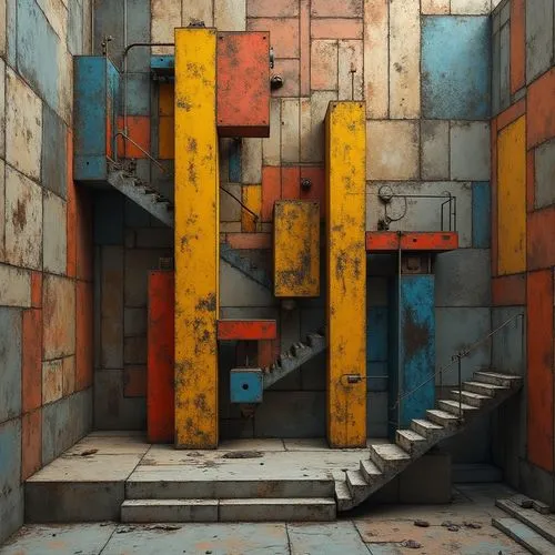 Geometric constructivist sculpture, industrial metal textures, rough concrete surfaces, distressed wood grain, abstracted urban landscapes, fragmented cityscapes, bold primary colors, geometric shapes