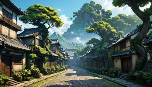 Great Wave of Kanagawa, Endless Runner, Endless Runner screenshot, focused photography, concept art, final render, rendered in cycles, main street, cobblestone, medieval tropical street, medieval Grea