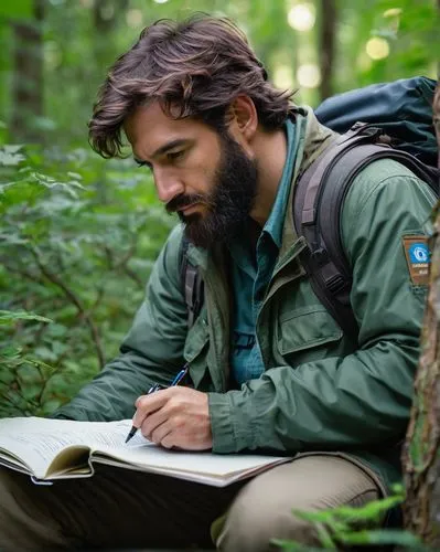 Stalker, ecologist, male, 30s, messy brown hair, thick beard, green jacket, binoculars around neck, backpack full of equipment, holding a notebook and pencil, observing nature, crouching near a bush, 