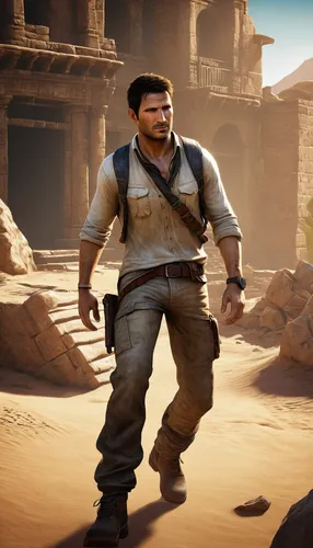 Nathan Drake character, male adventurer, rugged style, brown hair, half-tuck shirt, holster, cargo pants, climbing action, ancient ruins, desert environment, sand texture, weathered structures, treasu