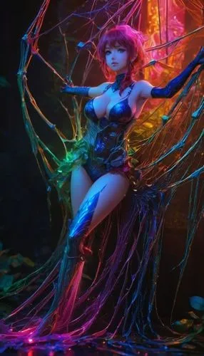 cover breasts,Spiderwoman,neon body painting,drawing with light,light drawing,varekai,light painting,light art