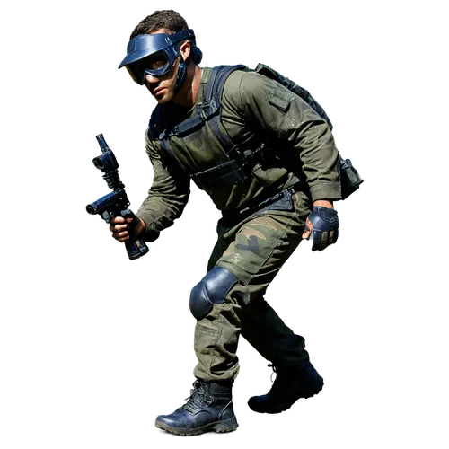 muscular man, sporty, dynamic pose, wearing paintball mask, goggles, helmet, camouflage clothing, combat boots, holding paintball gun, intense expression, sweaty skin, muddy terrain, afternoon sunligh