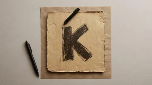 a brown piece of paper with a marker attached to it next to a black pen,letter k,kraft paper,kraft bag,kraft notebook with elastic band,kikki,kn