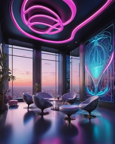 ufo interior,sky space concept,sky apartment,neon light,neon coffee,neon cocktails,neon light drinks,neon lights,neon sign,electrohome,apartment lounge,futuristic landscape,modern room,art deco background,3d background,modern decor,electroluminescent,penthouses,plasma lamp,tron,Illustration,Retro,Retro 08