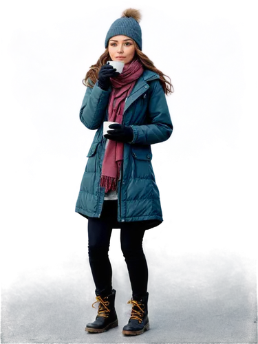 Winter scene, snow-covered trees, frozen lake, frosty mist, bundled up woman, warm coat, scarf, gloves, hat, rosy cheeks, solo, (25yo), detailed facial features, natural makeup, wavy brown hair, parka