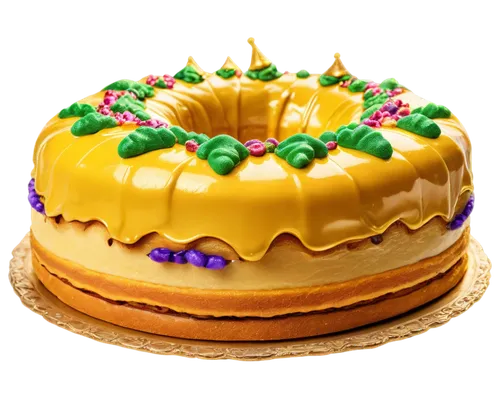 King cake, golden glaze, sweet decorations, layered structure, soft focus, 3/4 composition, shallow depth of field, warm color tone, cinematic lighting, ornate details, festive atmosphere.,king cake,c