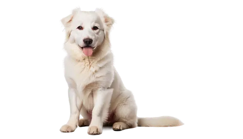 Fluffy dog, white fur, floppy ears, brown eyes, cute nose, sitting posture, front legs crossed, tongue out, smooth fur texture, soft natural light, warm color tone, 3/4 composition, shallow depth of f