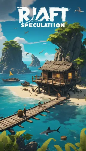 raft, video game, survival genre, crafting, building, ocean setting, floating structure, wooden planks, barrels, ropes, sharks, seagulls, island exploration, cooperative gameplay, console version, ant