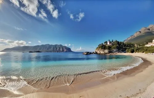 a po of an island on the water and clear skies,napali coast,gokdeniz,beautiful beaches,beach landscape,mountain beach,beautiful beach,Photography,General,Realistic