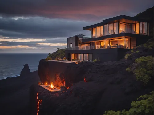 uluwatu,hawaii,lava flow,lava balls,dunes house,lava cave,beautiful home,cliffs ocean,lava,house by the water,kilauea,luxury home,fire place,beach house,luxury property,secluded,ocean view,modern architecture,cubic house,active volcano,Photography,General,Cinematic