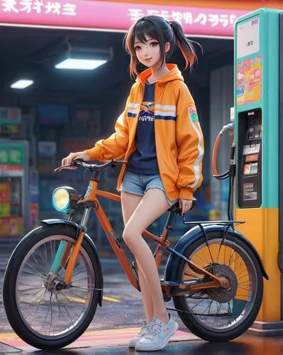 By Yves Di, a cute guy, casual outfit, energicity, beautiful face, beautiful legs, light orange eyes, very happy face, full body, colorful colors, detailed background beautiful, gas station, rainny da