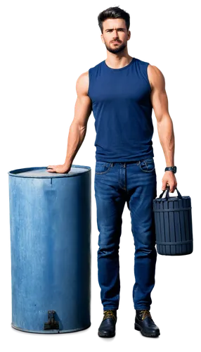 Muscular man, harbor worker, solo, (30yo), short beard, messy hair, sweat on forehead, worn denim pants, black leather boots, navy blue sleeveless shirt, tattoos on arms, carrying heavy containers, st