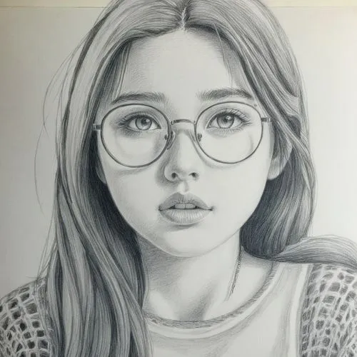 女孩，眼镜，黑色长发,drawing pencils of a girl with glasses,girl drawing,girl portrait,pencil drawing,graphite,pencil art,pencil frame,Illustration,Black and White,Black and White 30