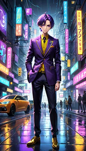 cyberpunk,purple and gold,game illustration,businessman,gold and purple,rich purple,kingpin,gentleman icons,business man,hong kong,hk,spy visual,white-collar worker,purple wallpaper,cg artwork,society finch,smooth criminal,ultraviolet,pedestrian,billionaire,Anime,Anime,General