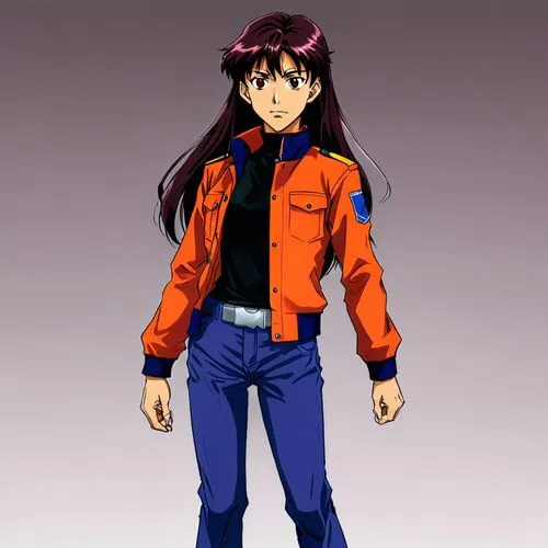 

Create a digital anime-style illustration, head to waist, of a confident female character resembling Misato from Evangelion in the style of Hideaki Anno. She has long, wavy dark purple hair, dark br