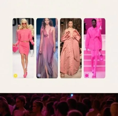 a group of people on stage with pictures of different outfits,siriano,catwalks,gowns,fashiontv,gold-pink earthy colors,pastels