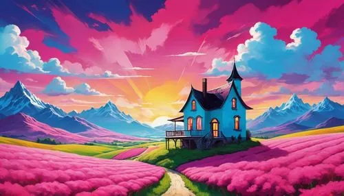 purple landscape,pink grass,landscape background,tulip field,fantasy landscape,free land-rose,blooming field,home landscape,tulip fields,cartoon video game background,landscape rose,candyland,background design,mushroom landscape,tulips field,lonely house,fairyland,witch's house,wonderland,paisaje,Illustration,Abstract Fantasy,Abstract Fantasy 13