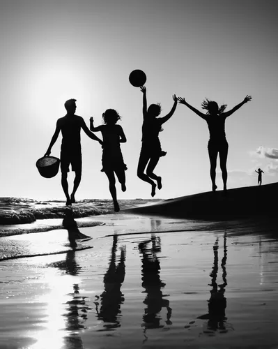 Create a cheerful scene with friends playing on a sunny beach.,beach basketball,beach sports,children play,children playing,beach handball,beach soccer,beach volleyball,skimboarding,beach rugby,outdoo