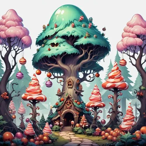 mushroom landscape,mushroom island,cartoon forest,fairy forest,fairy village,tree mushroom,Illustration,Abstract Fantasy,Abstract Fantasy 11