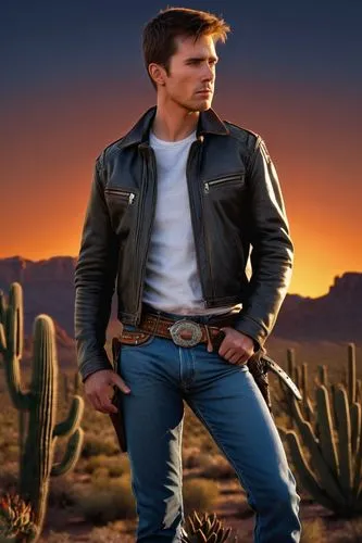 American, cowboy, rugged, strong facial features, short brown hair, blue eyes, leather jacket, denim jeans, belt buckle, boots, standing, confidence, desert landscape, cactus, vast open space, sunset,