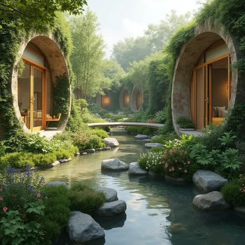 rivendell,teahouse,fantasy landscape,landscaped,home landscape,zen garden,fallingwater,forest house,asian architecture,house in the forest,seclude,landscaping,garden pond,nature garden,idyllic,tranquility,beautiful home,japanese garden,serenity,streamside,Photography,General,Realistic