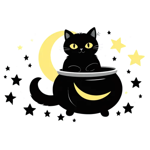 a cauldron and black cat, moon and stars, vector art,cat coffee,cat drinking tea,tea party cat,cat vector,coffee tea illustration,teacup,cup of cocoa,saucer,capricorn kitz,cat's cafe,jiji the cat,my c