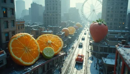 big apple,manhattan,bowl of fruit in rain,orange slices,half of the oranges,new york