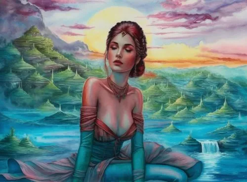 beautiful lady swimming, long hair , white vest in the water, wide view with waterfalls and green forest abanding,a painting of a woman wearing blue is sitting down in a pond,inanna,fantasy picture,fa