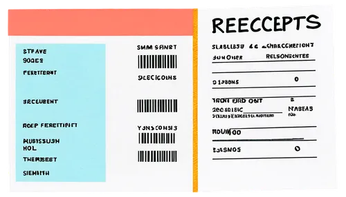 Receipts clipart, white paper, crumpled edges, brown grid lines, bold black font, detailed numbers, colorful stickers, staples at top left, creased folds, shallow depth of field, softbox lighting, 3/4