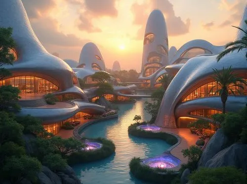 futuristic landscape,futuristic architecture,futuristic art museum,arcology,ecotopia,diamond lagoon,floating islands,citadels,fantasy city,garden by the bay,imagineering,sky space concept,riverworld,artificial islands,imperial shores,alien world,odomes,holiday complex,spaceport,naboo,Photography,General,Realistic