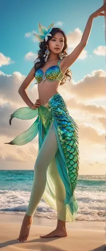 Twin-tailed, mythical creature, solo, (16yo), shimmering blue-green scales, beautiful detailed eyes, light blush, flowing twin tails like a fish, sparkly makeup, seashell bra, ocean-inspired costume, 